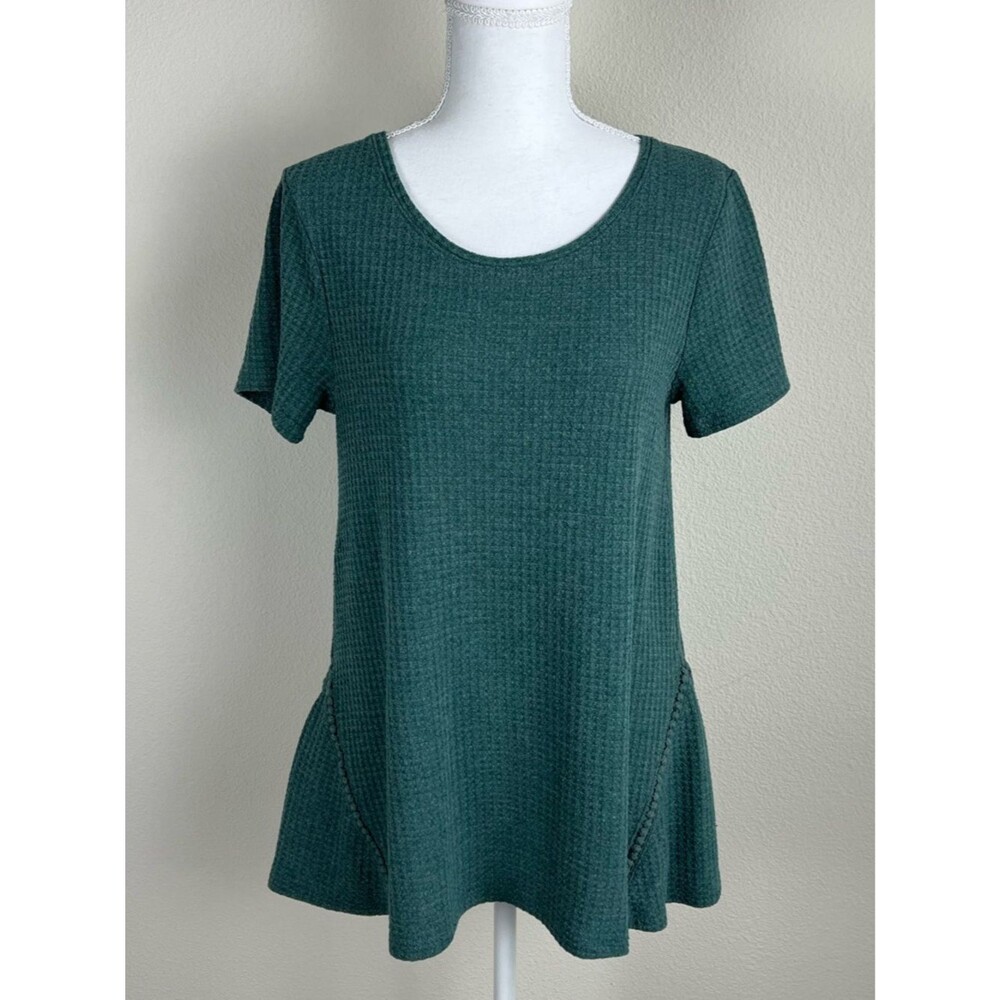 Sonoma Waffle Knit Top Women Medium Green Peplum Short Sleeve Stretch Tee